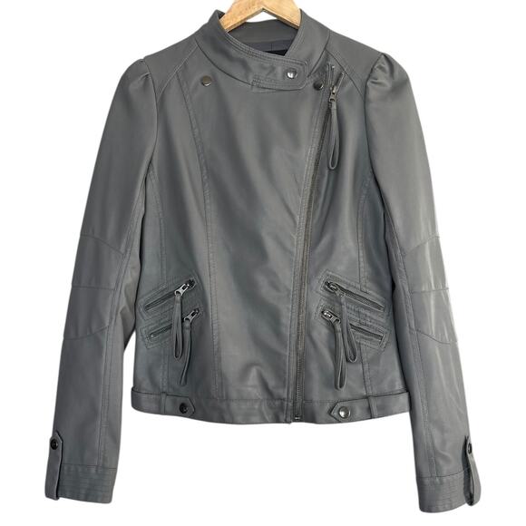 OH YES Gray Faux Leather Moto Jacket Asymmetrical Zip Multiple Pockets - Picture 6 of 8